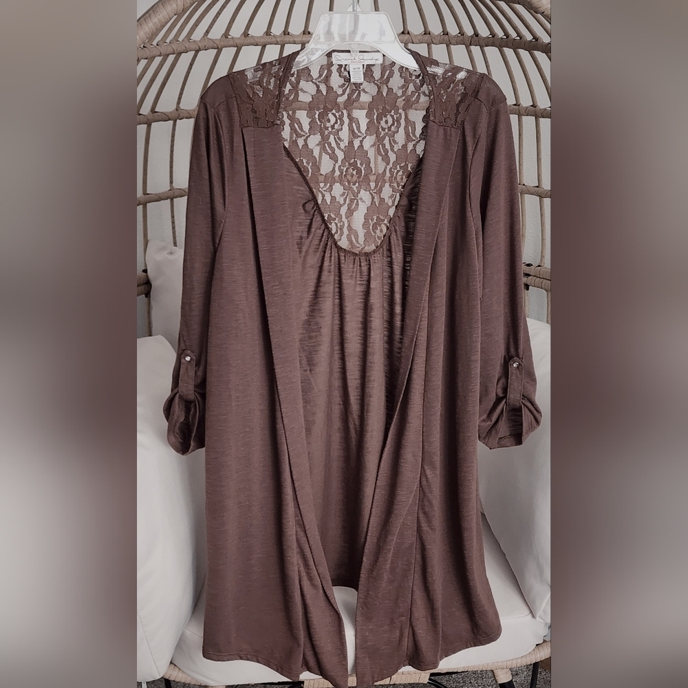 French Laundry Women's Open Shrug Cardigan Roll Tab Sleeve Lace Upper Size 14/16
